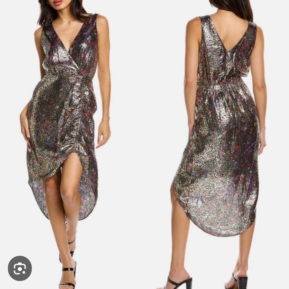 $525 Ramy Brook Printed Gold Eden Dress Size LARGE Festive Holiday